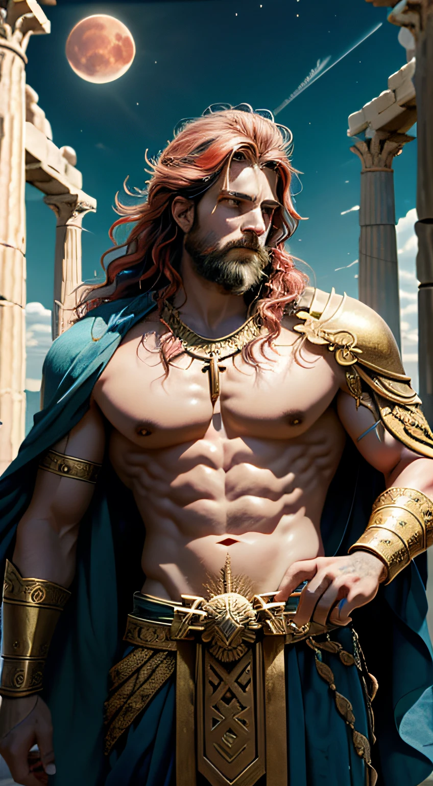 cheveux multicolores vertes, ruban de cheveux, surrealism, lighting cinematic, gros plan, UHD, High Details, eyes Details, hair Details, Greek gods, alone, 8k, night, red moon, muscular male, guerrier sayann, hyper résolucion, light on his face, Heraldic Possess, longs hairs, collier soleil en or, Zeus God, sword in the hand, greek temple, Resolution 2.2