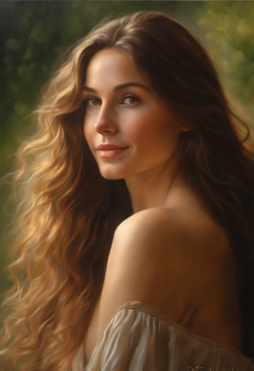 (best quality,realistic:1.37,photorealistic:1.37),nude girl,oil painting,detailed face and body,gentle smile,flowing long hair,soft skin,delicate brushstrokes,vibrant colors,warm lighting,classical portrait style