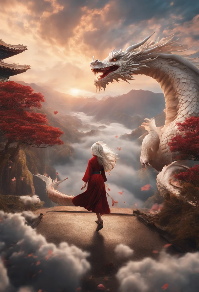 (estilo Jujutsu kaisen) The Chinese white divine dragon rose into the air, (Girl manipulates dragons; 1.3) , (The girl is facing the camera : 1.3 ) , Clouds in the sky surround the surroundings , magia da luz , Fantastic background , significado de fundo , Ridiculous background , There are artistic overlaps , cabelos multicoloridos , surrealismo. Cinematic lighting , ray tracing , deus luz , linha de velocidade , angle of view , hiper hd, master piece, melhor qualidade , super detalhe , A high resolution , alta qualidade , ( distant view : 1.3)