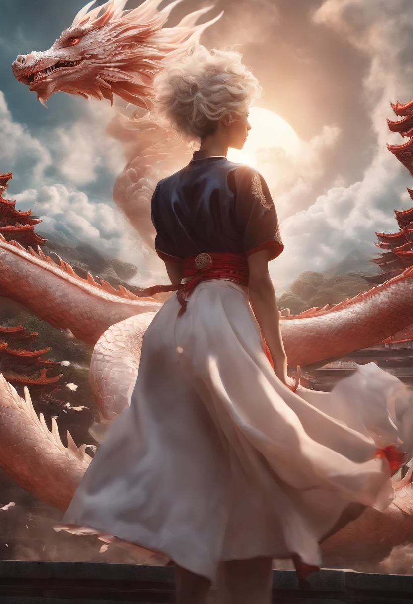 (estilo Jujutsu kaisen) The Chinese white divine dragon rose into the air, (Girl manipulates dragons; 1.3) , (The girl is facing the camera : 1.3 ) , Clouds in the sky surround the surroundings , magia da luz , Fantastic background , significado de fundo , Ridiculous background , There are artistic overlaps , cabelos multicoloridos , surrealismo. Cinematic lighting , ray tracing , deus luz , linha de velocidade , angle of view , hiper hd, master piece, melhor qualidade , super detalhe , A high resolution , alta qualidade , ( distant view : 1.3)
