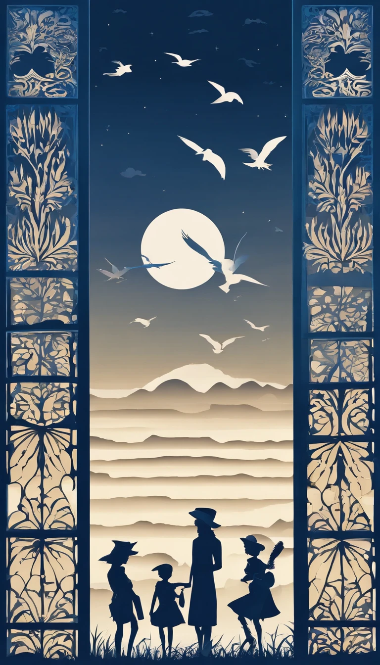 silhouettes of distant mysterious beings seen through a bedroom window at dusk, walls in dark blue tones
