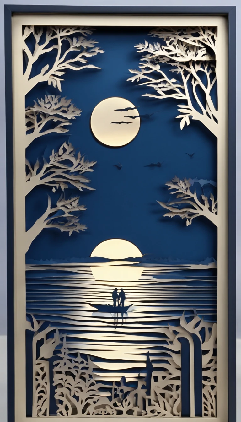 silhouettes of distant mysterious beings seen through a bedroom window at dusk, walls in dark blue tones