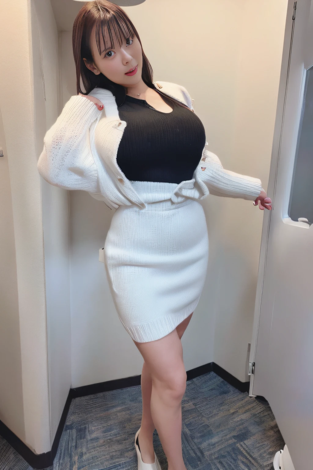 Woman in white knitted sweater and skirt stands in room, (Best Quality,8K,超A high resolution:1.2),(Huge breasts:1.1),tight-fitting clothes