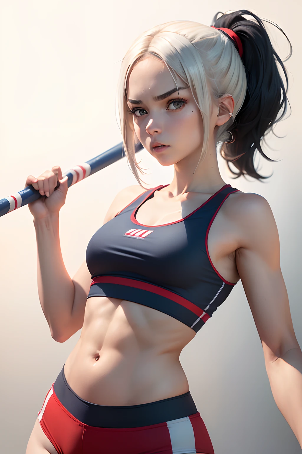 female high-school student(two people)、Slim sports girl、Black hair ponytail and blonde bob、Athletics track、High jump challenge、Belly out、abdominals、Racing Bloomers(Red stripe on white background)、Dark blue tank top、Realistic texture、serious facial expression、