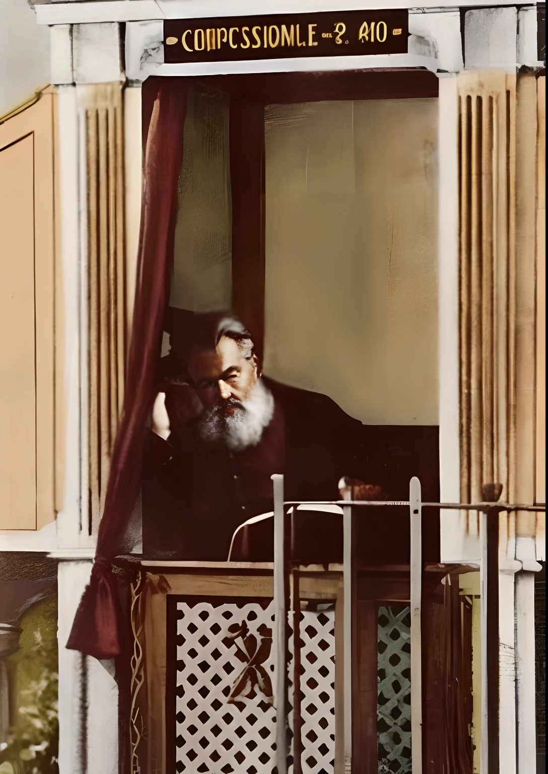 There's a man who's sitting in a booth with a phone, cena da varanda, in balcony of palace, counter, em uma varanda, 1907, 1911, colorido 1 9 0 4 foto, Karl Marx ponderando seu orbe, 1905, 1 9 0 5, hand - tinted, 1904, 1910