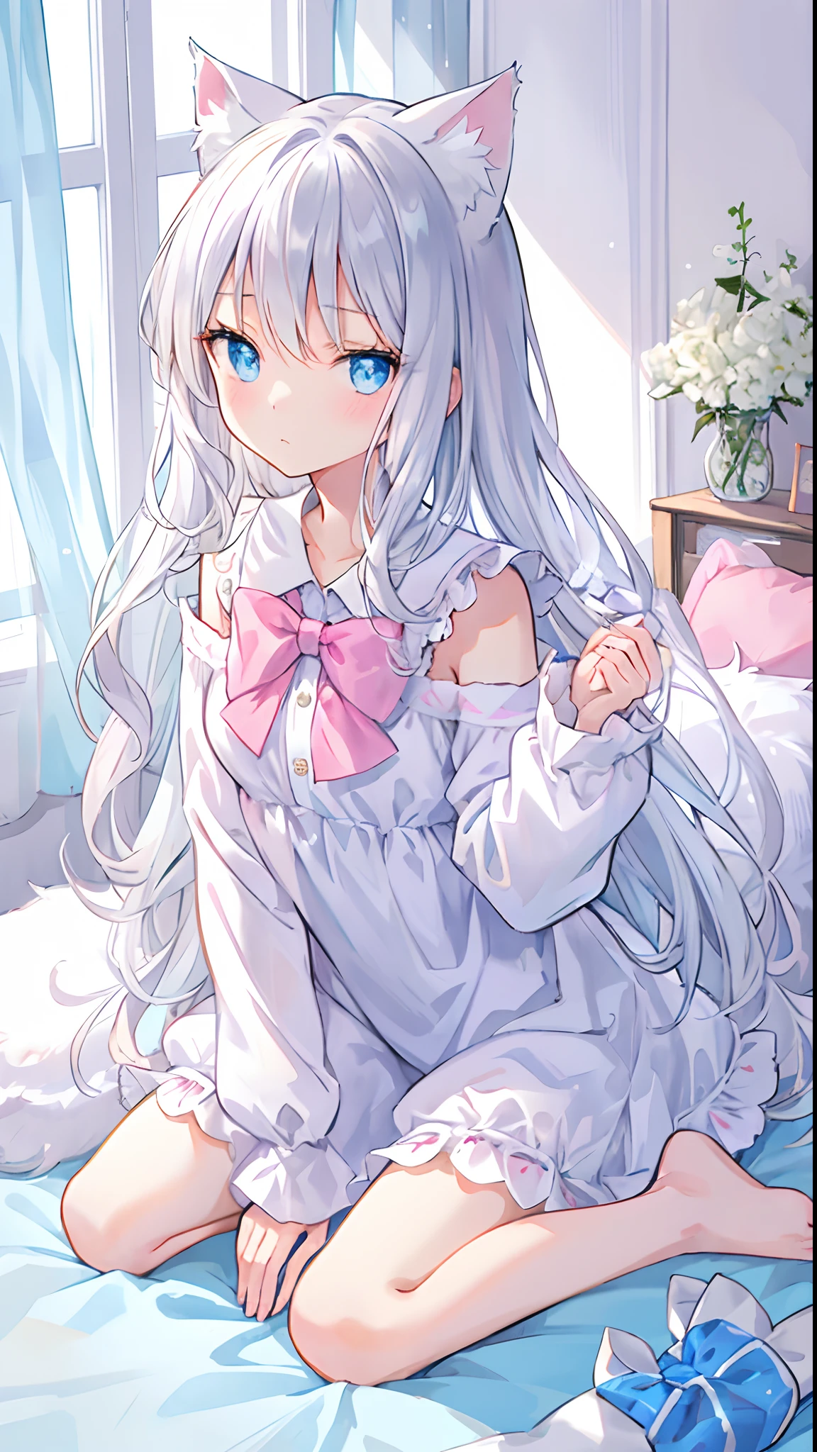 Beautiful illustration, of the highest quality, Cute Girl, Bedroom, Pastel colors, fluffy cat ears, Petite, Long silver hair, Kneel down and stand back., Cat posing staring at camera, Bright lighting, bright light blue eyes