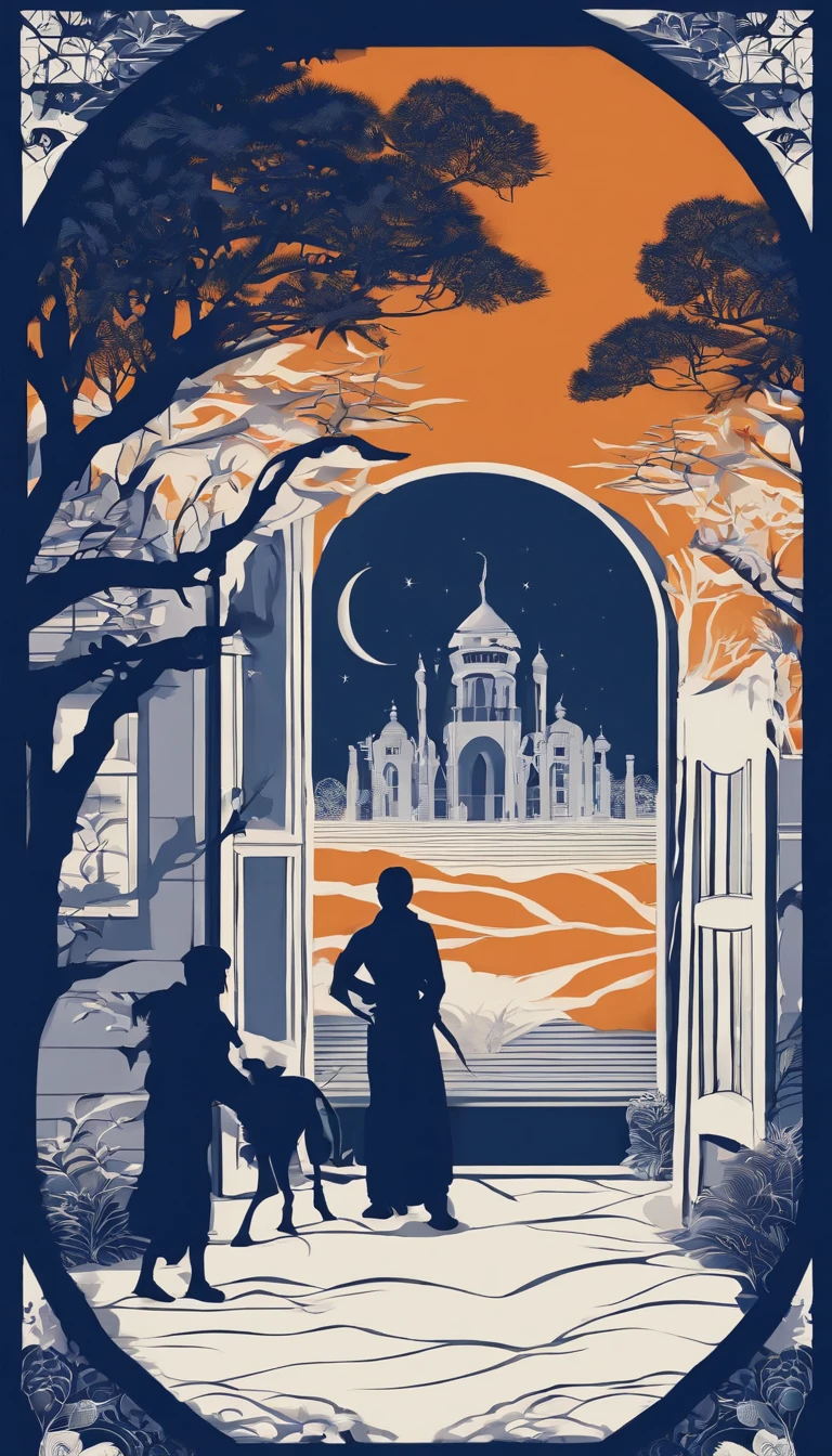 silhouettes of distant mysterious beings seen through a bedroom window at dusk, walls in dark blue tones, orange smoke looking like a ghost from the past haunting the floor