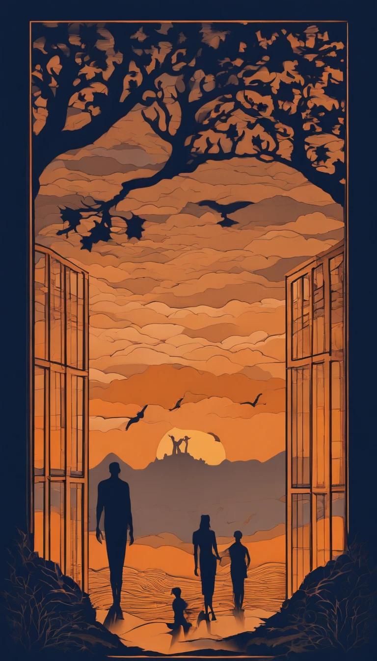 silhouettes of distant mysterious beings seen through a bedroom window at dusk, walls in dark blue tones, orange smoke looking like a ghost from the past haunting the floor