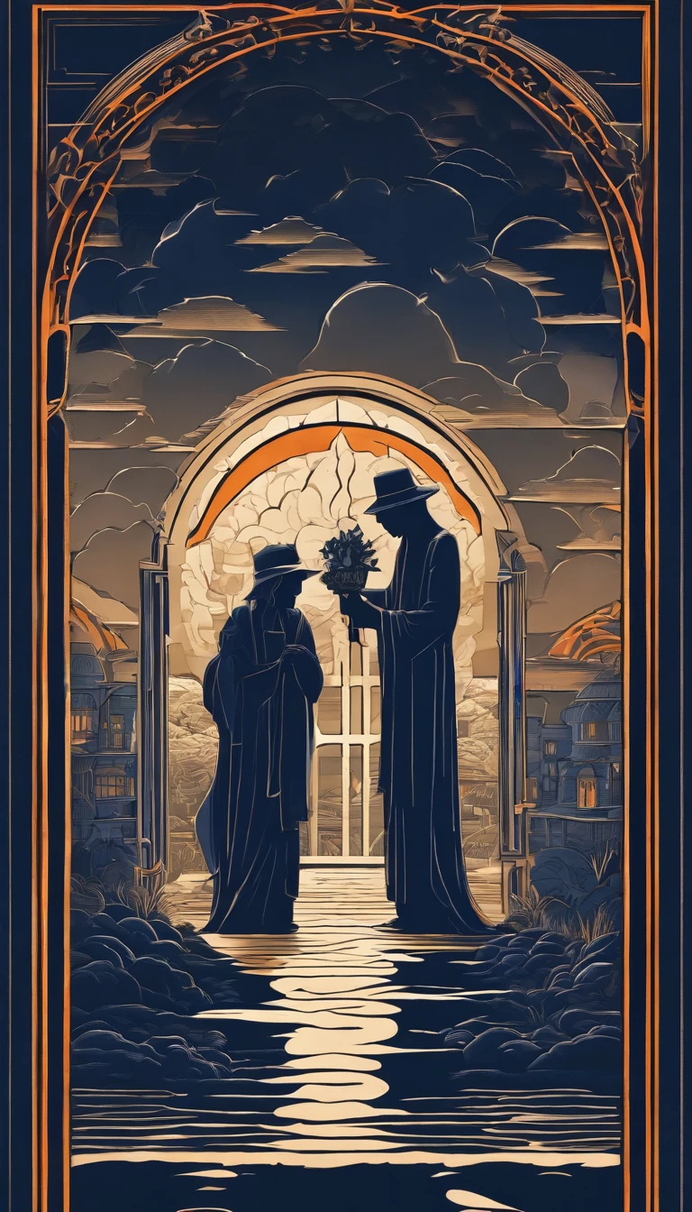 silhouettes of distant mysterious beings seen through a bedroom window at dusk, walls in dark blue tones, orange smoke looking like a ghost from the past haunting the floor