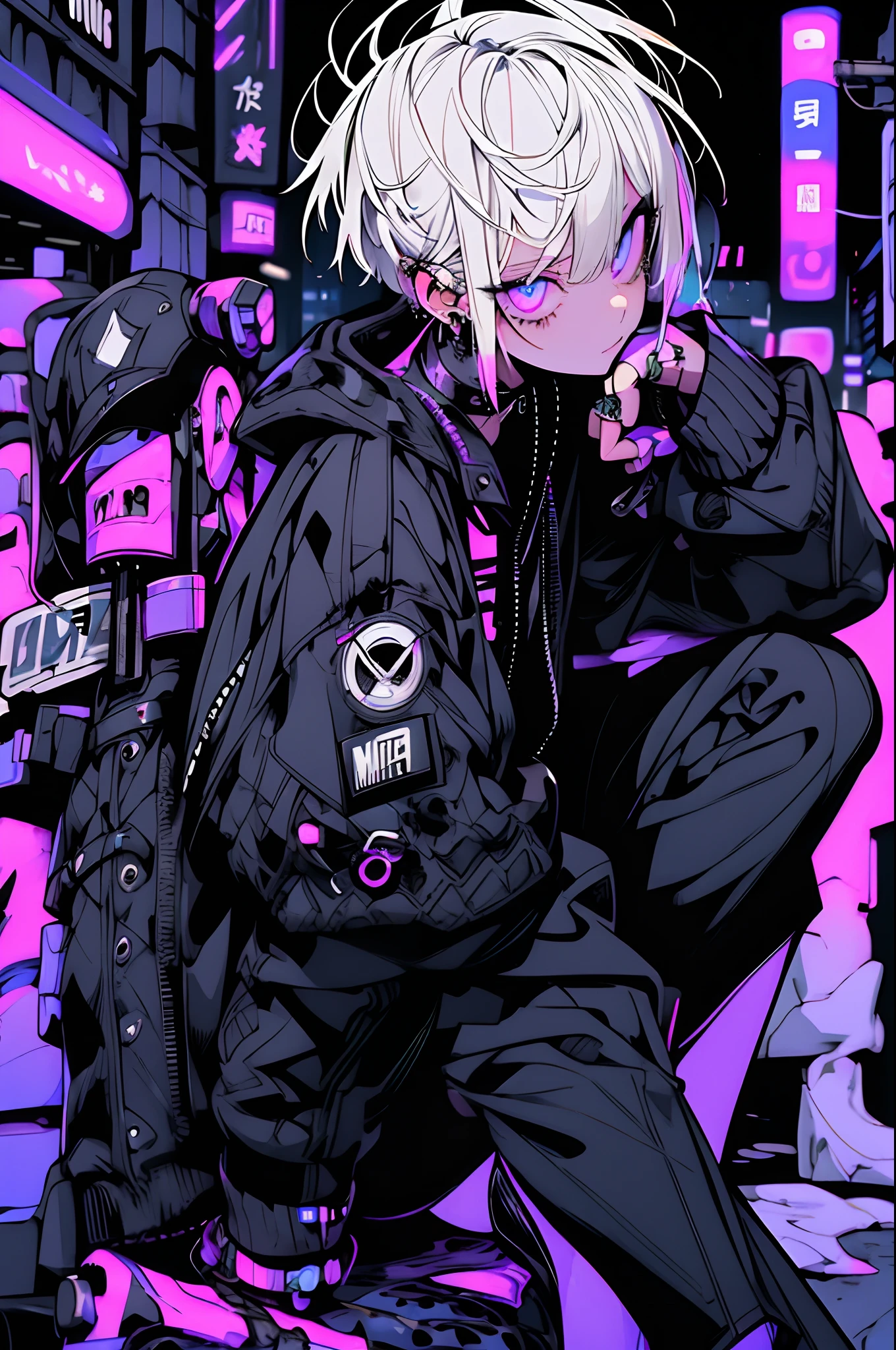 girl, white hair, cool black open short jacket, tatoos, messy fade cut hair, crazy, sit pose, on futuristic neon night street background,poser