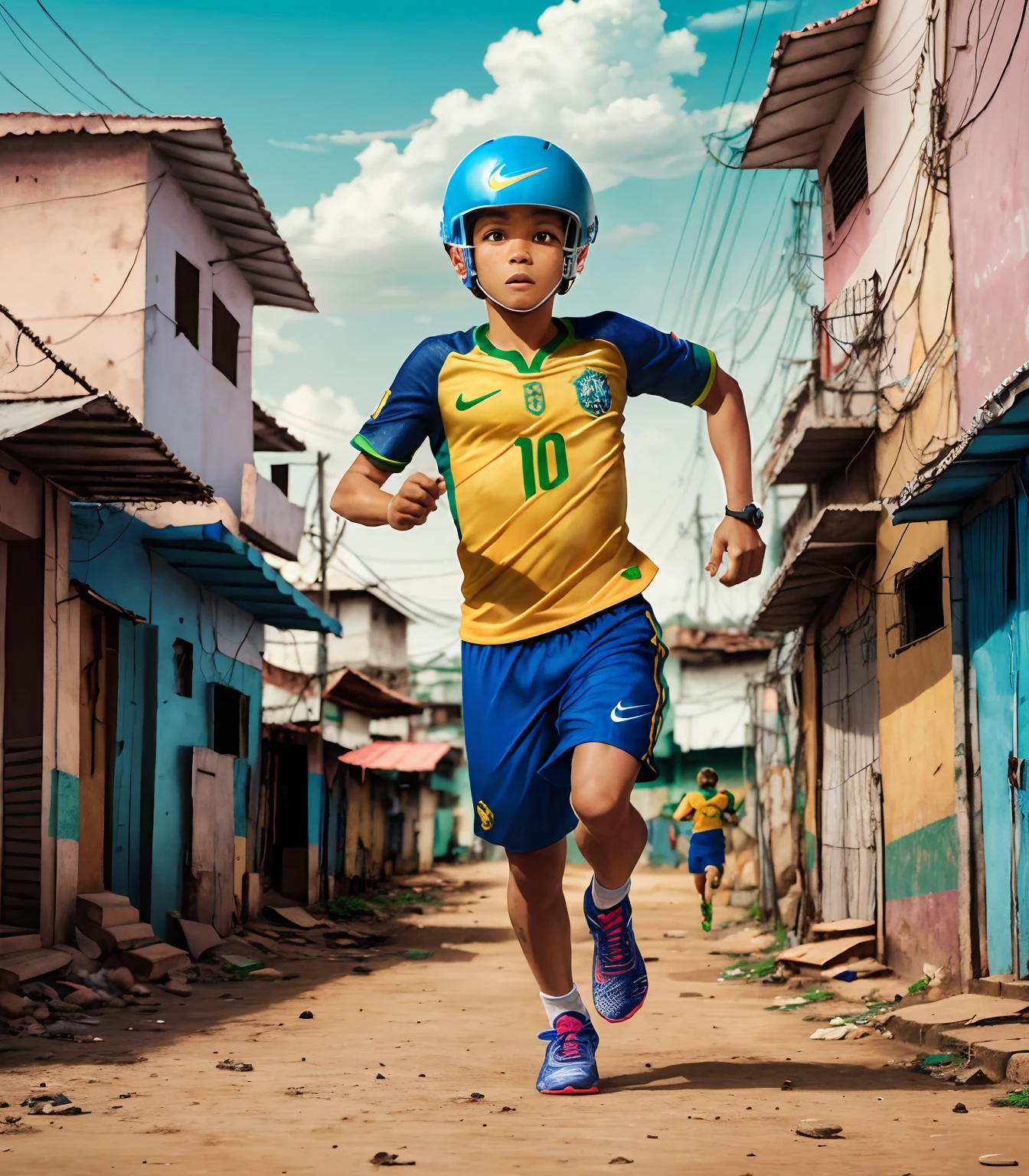 A guy running in a Brazilian favela, with a number 10 brazil jersey of nike and without sponsor, beautiful sky 4k, hyper-realistic, intricate detailed, detailed background --auto --s2