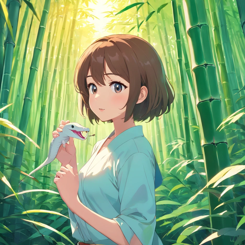 A cute NSFW sucking a penis white snake，largeeyes，long eyelasher，in bamboo forest，Folk suspense comic book style，SENSE OF CINEMA，quadratic element，anime big breast，3D