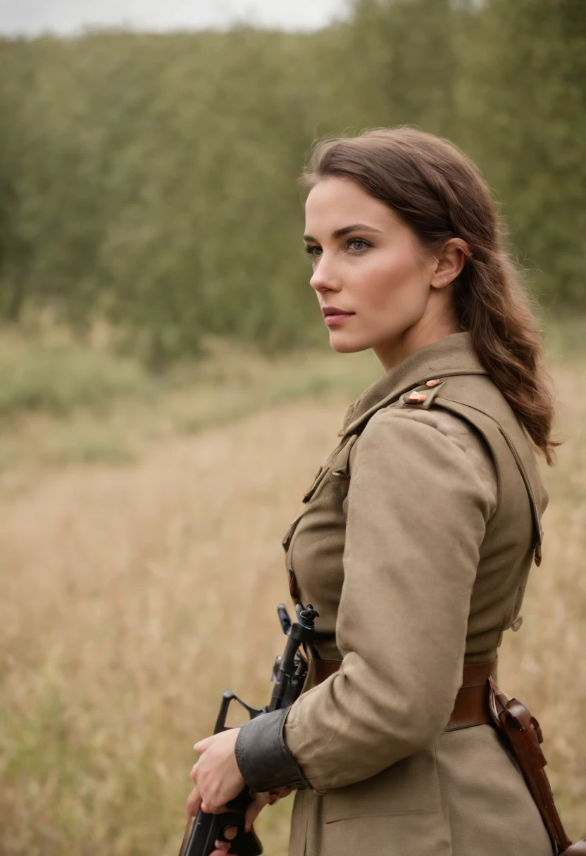 Mujer hermosa sexi cuepo completo vestida de soldado de la segunda guerra munduan con rifle de francotirador un puro en su boca super detallado alta resolucion mejor calidad