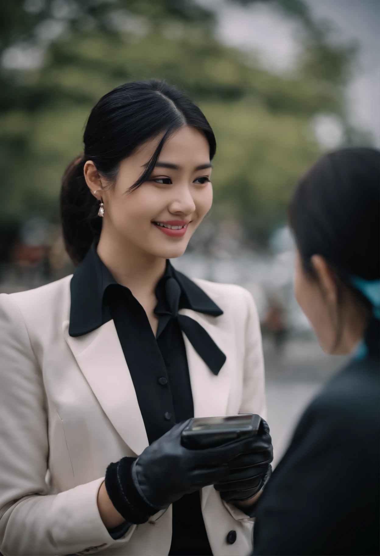 Black leather gloves in both hands, blazer and ribbon uniform, black hair ponytail, upper body, conversation with a smile with a black smartphone, cute Japanese girl (black leather gloves covering both hands) traveling alone