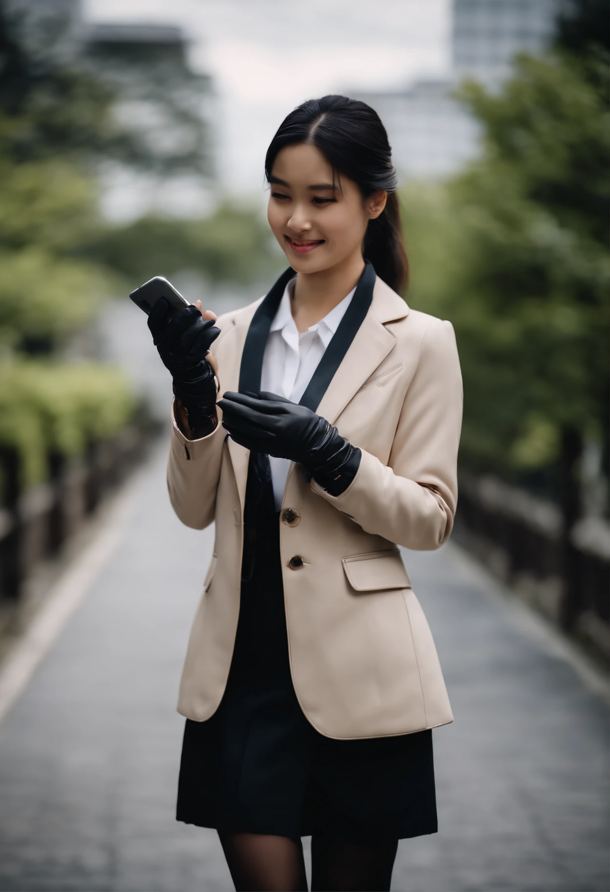 Black leather gloves in both hands, blazer and ribbon uniform, black hair ponytail, upper body, conversation with a smile with a black smartphone, cute Japanese girl (black leather gloves covering both hands) traveling alone