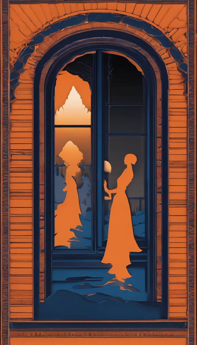 silhouettes of distant mysterious beings seen through a bedroom window at dusk, walls in dark blue tones, orange smoke looking like a ghost from the past haunting the floor