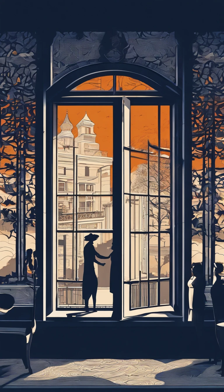 silhouettes of distant mysterious beings seen through a bedroom window at dusk, walls in dark blue tones, orange smoke looking like a ghost from the past haunting the floor