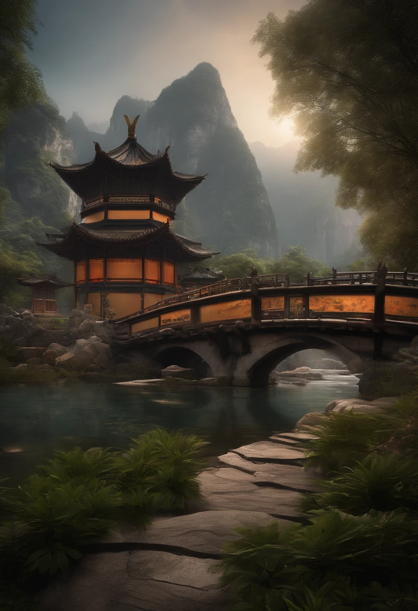 (Beautiful ancient Chinese architecture, moonlight twinkling, lakes at night, shaded by bamboo forests, stone bridge arches, gurgling water, rockery stone paths, blooming water lilies, hot spring water vapor, auspicious moonlight illustration: 1.0), epic composition, super details Realistic, highly realistic lighting, best wallpaper quality, masterpiece. (very detailed CG unity 8k wallpaper) .