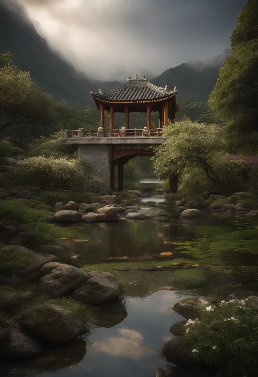 (Beautiful ancient Chinese architecture, moonlight twinkling, lakes at night, shaded by bamboo forests, stone bridge arches, gurgling water, rockery stone paths, blooming water lilies, hot spring water vapor, auspicious moonlight illustration: 1.0), epic composition, super details Realistic, highly realistic lighting, best wallpaper quality, masterpiece. (very detailed CG unity 8k wallpaper) .