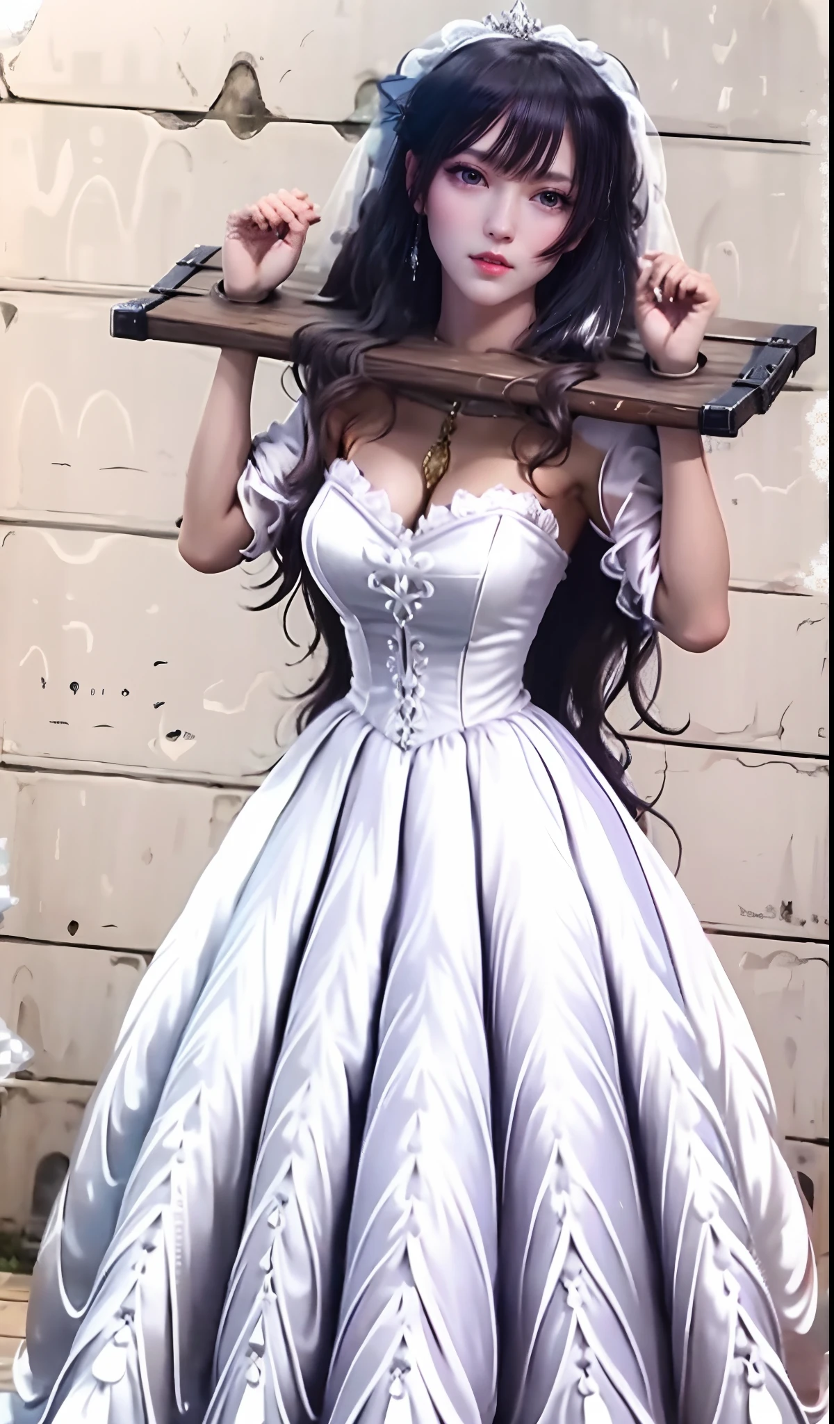 Close-up of a beautiful bride wearing a beautiful wedding dress, Gurwitz,(Pillory:1.5), (flail:1.2), flail on the head, flail on the hands,full body photo, whole body, (bridal veil: 1.5), (transparent short veil: 1.5), flushed face, head flower, tiara, Very detailed princess wedding dress,(tube wedding dress: 1.5), (silk dress: 1.2 ), (strapless wedding dress: 1.5), (floor length skirt:1.2), pure white dress,white long skirt, necklace, earrings, (huge breasts: 1.3), deep V heart-neck wedding dress, bangs, lipstick, (lace gloves: 1.3), high detail RAW Color art,