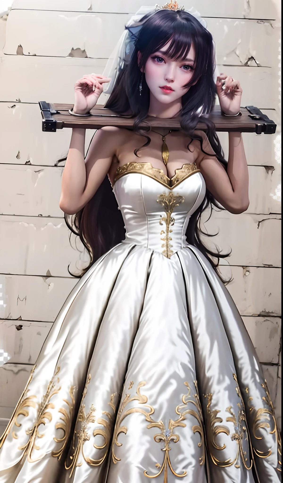 Close-up of a beautiful bride wearing a beautiful wedding dress, Gurwitz,(Pillory:1.5), (flail:1.2), flail on the head, flail on the hands,full body photo, whole body, (bridal veil: 1.5), (transparent short veil: 1.5), flushed face, head flower, tiara, Very detailed princess wedding dress,(tube wedding dress: 1.5), (silk dress: 1.2 ), (strapless wedding dress: 1.5), (floor length skirt:1.2), pure white dress,white long skirt, necklace, earrings, (huge breasts: 1.3), deep V heart-neck wedding dress, bangs, lipstick, (lace gloves: 1.3), high detail RAW Color art,