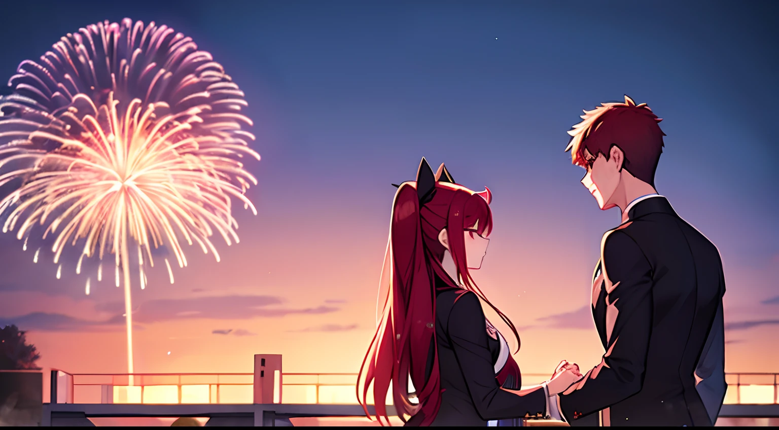 Rin Tohsaka and Shirou Emiya standing together on a moonlit rooftop of their school, gazing at a magnificent fireworks display lighting up the night sky. Rin is wearing her Homurahara Academy uniform, her vibrant magenta hair gently swaying in the breeze. She has an expression of wonder and joy as she looks at the fireworks. Shirou, also in his school uniform, stands beside her with a warm and affectionate smile, his eyes reflecting the colorful bursts of fireworks. The school building should be visible in the background, bathed in the soft glow of the fireworks, creating a serene and romantic atmosphere.