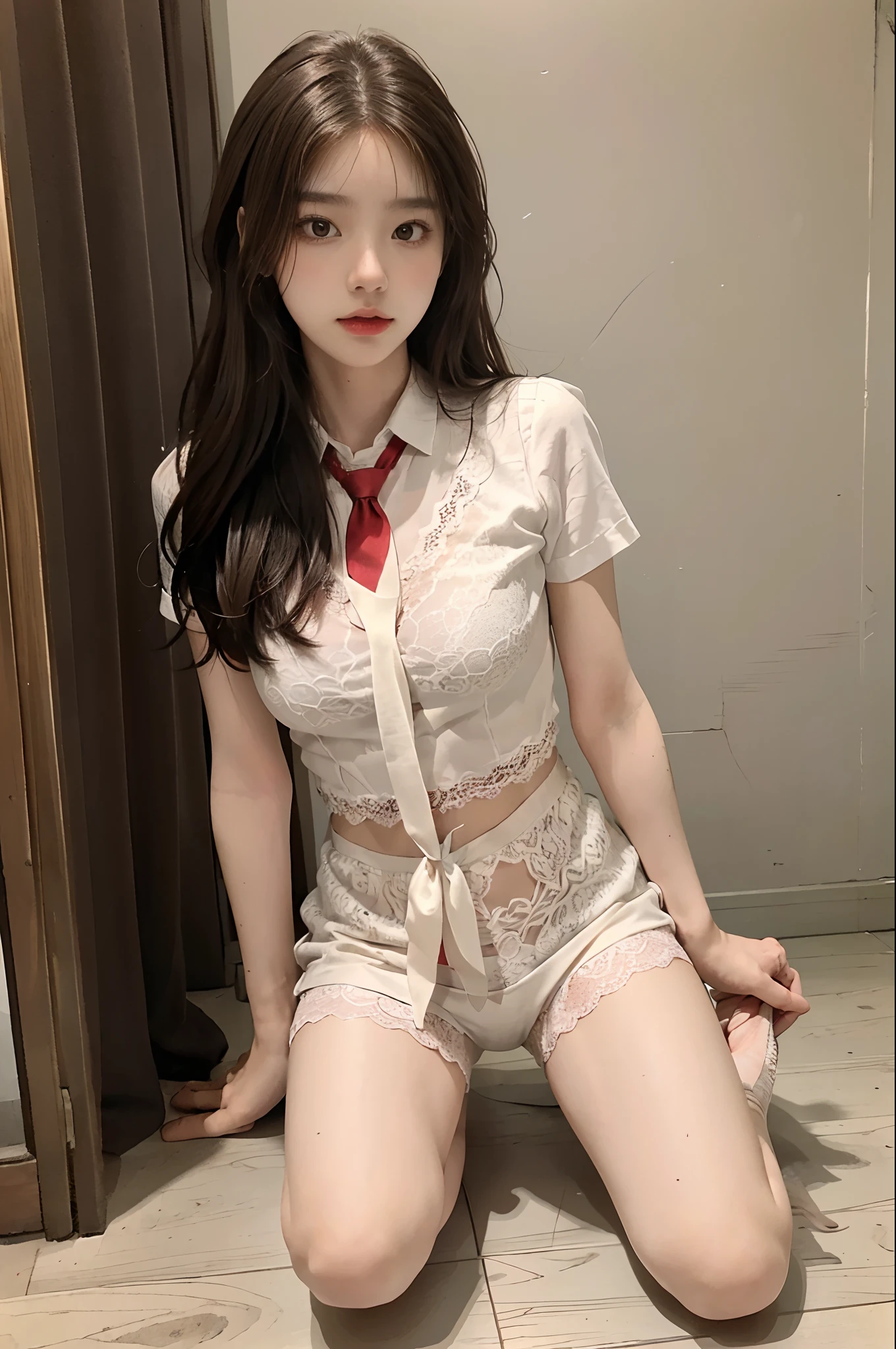 best quality, masterpiece: 1.1), (realistic, photo-realistic: 1.1),(a girl: 1.1) beautiful detailed eyes,(full body:1.3)A girl A girl kneels on the floor(solo)(JK black and white underwear),JK style,(JK long tie),((red underwear lace))