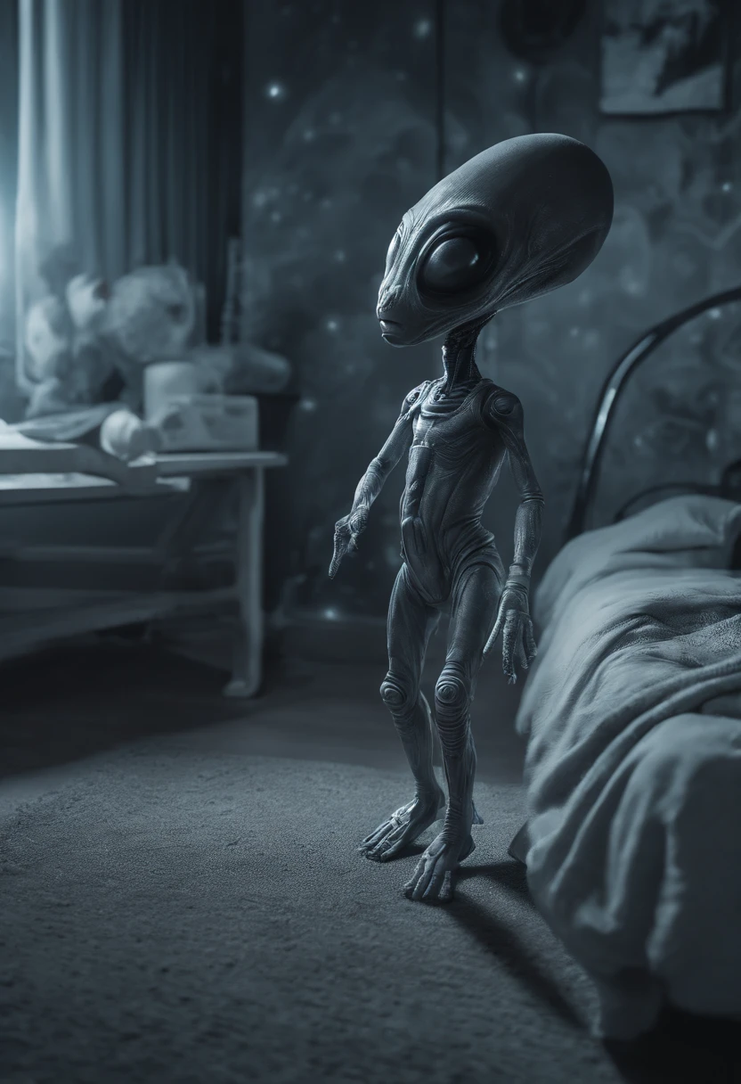 Camera footage of a small gray alien kidnapping a sleeping child in a room, Realistic, night vision