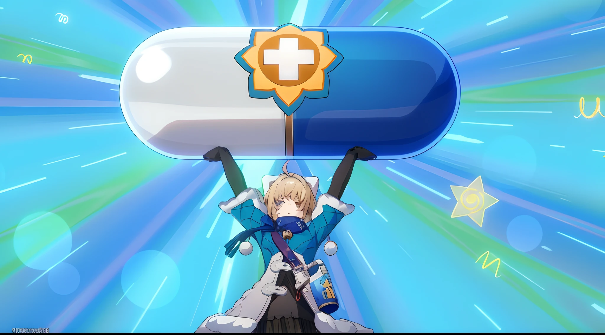 Anime character holding a pill with a cross on it, anime girl blonde, White cap with ears,genshin impact style, splash art anime ,  screenshot from the anime film, GPV shot, still from tv anime, ufotable art style