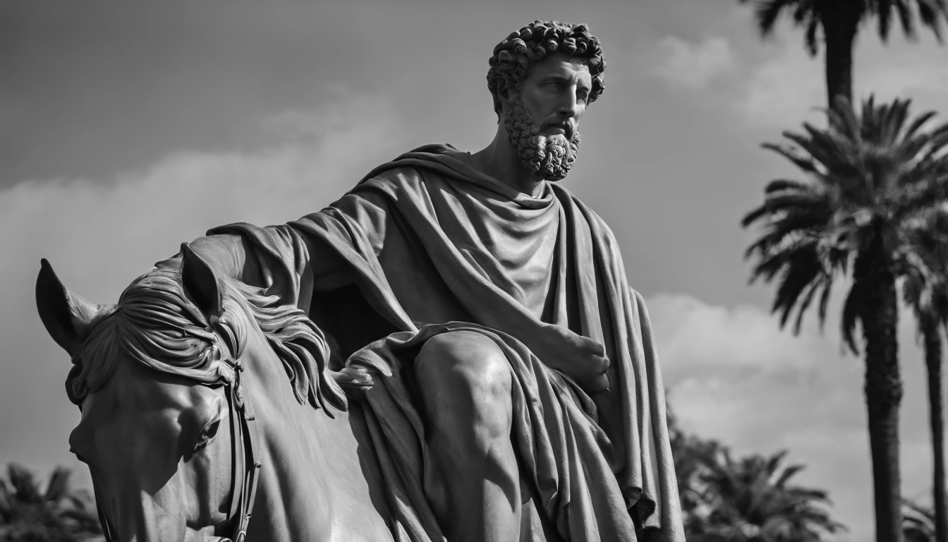 a portrait statue of the stoic Marcus Aurelius in black and white 4K,Face de lado, papel de parede super realista