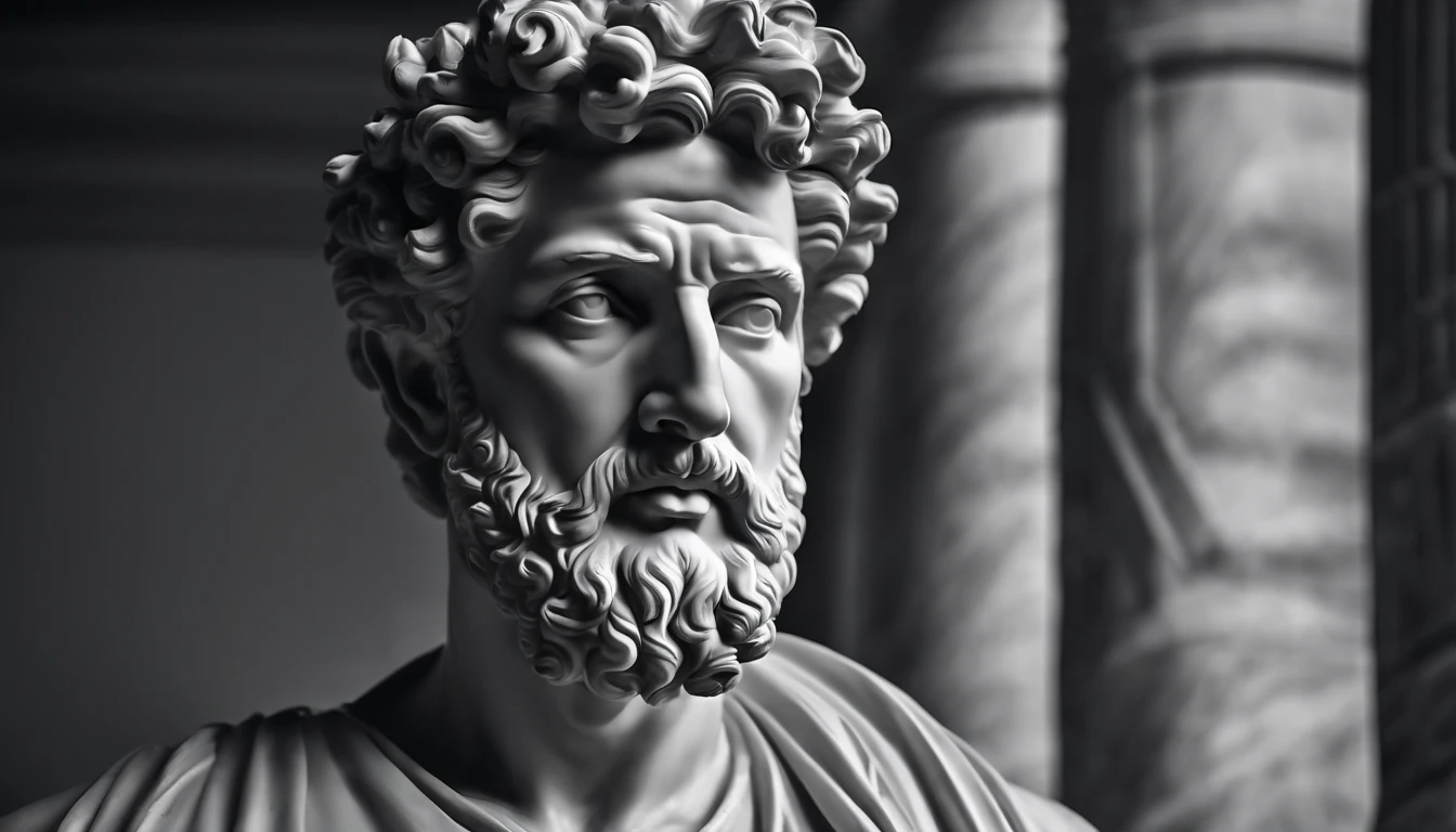 a portrait statue of the stoic Marcus Aurelius in black and white 4K,Face de lado, papel de parede super realista
