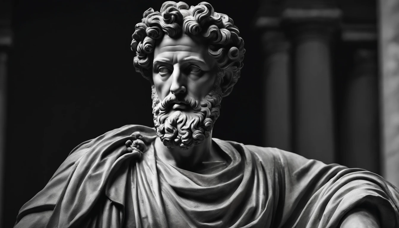 a portrait statue of the stoic Marcus Aurelius in black and white 4K,Face de lado, papel de parede super realista