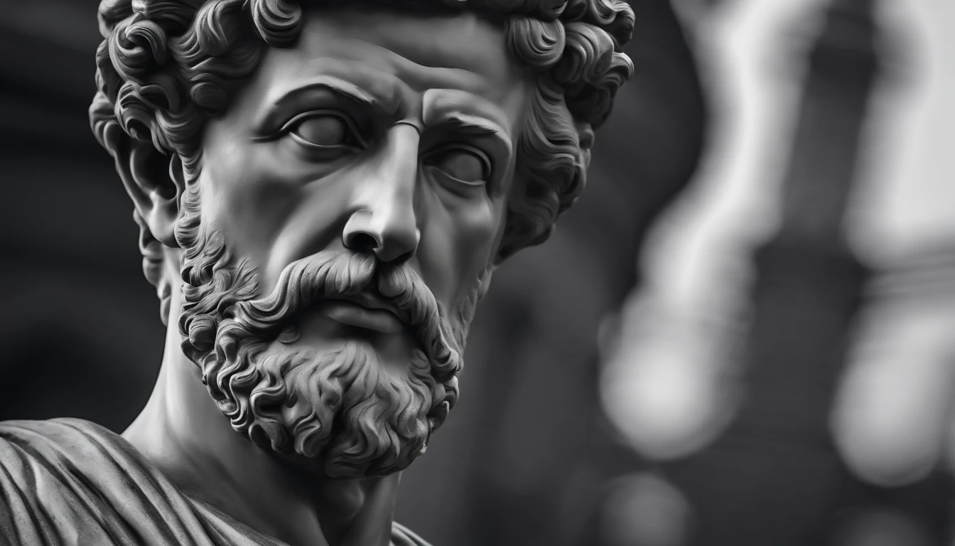 a portrait statue of the stoic Marcus Aurelius in black and white 4K,Face de lado, papel de parede super realista