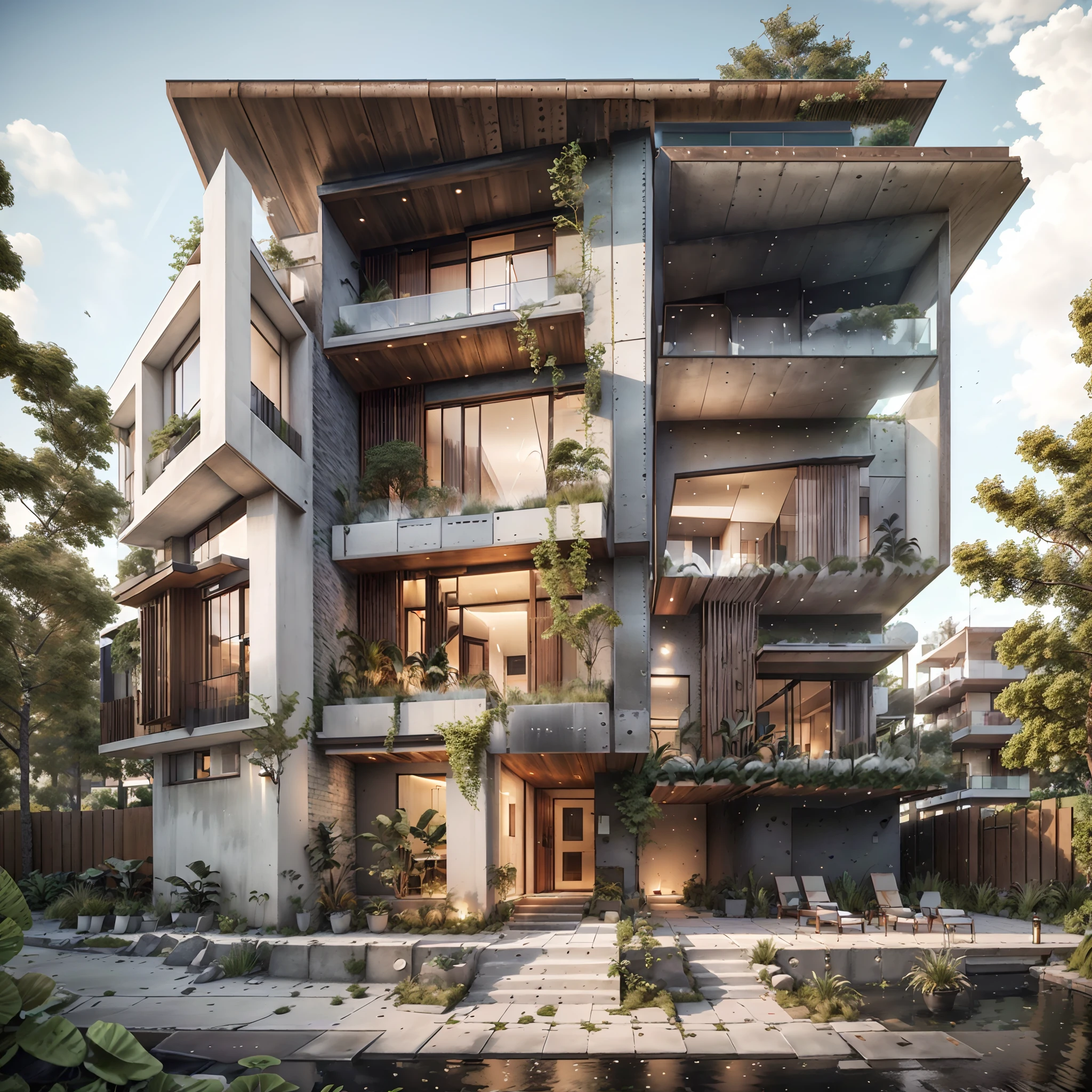Bauhaus style house, glass and brutalist concrete house with a sloping roof, modern, dynamic (RAW photo, real, best quality, masterpiece:1.2), (hyper realistic, photo-realistic:1.2), high quality, (dark lighting:1.2), dusk, perfect lighting, trending on archdaily