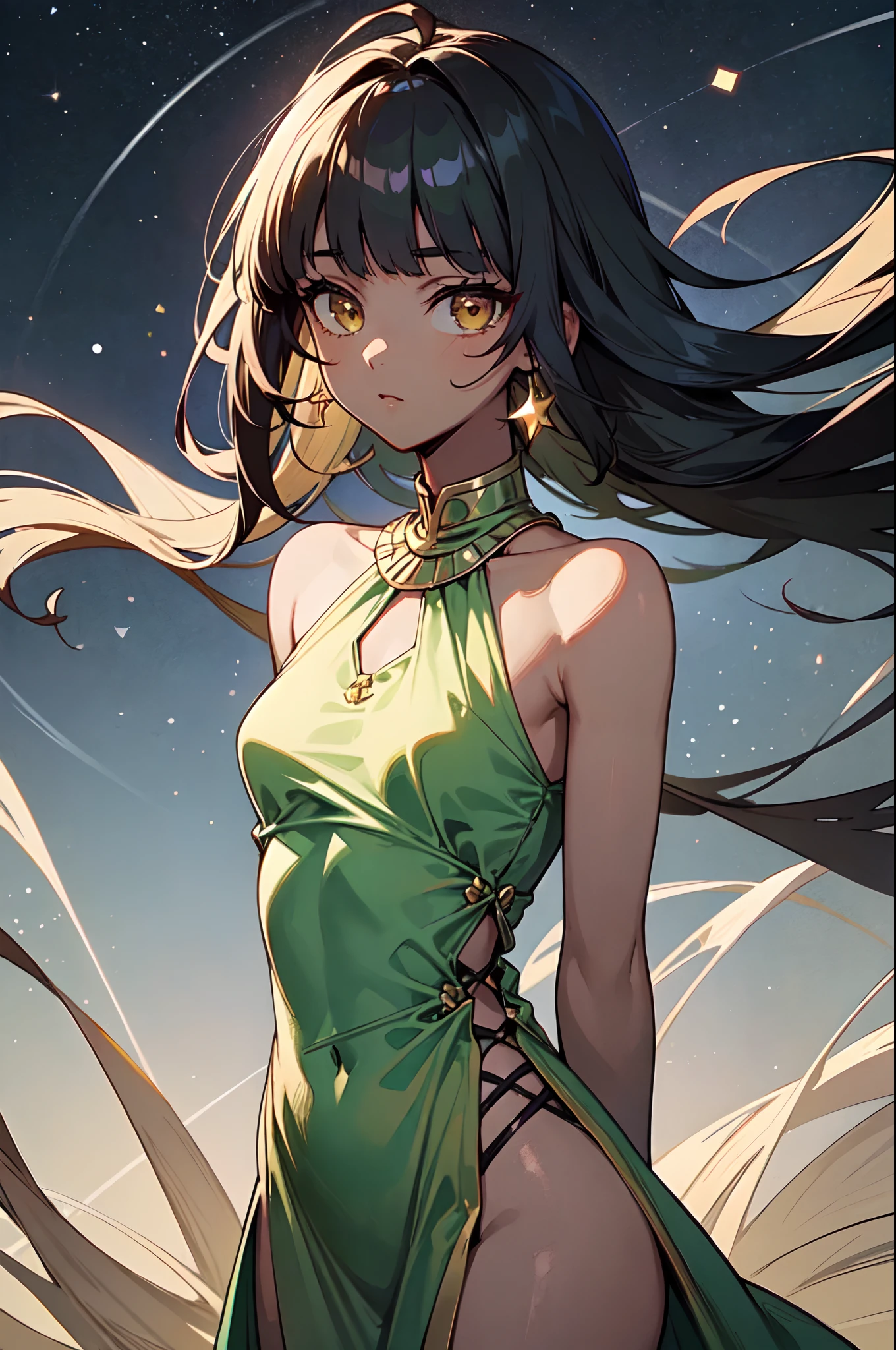 1girl, solo, teen, cute petite girl, (dark skin:1.3), black hair, (long hair, big hair), ((hime cut, blunt bangs, blunt sidelocks)), hair flowing down, messy hair, straight hair, yellow eyes, glowing eyes, egyptian clothes, colorful dress, (jade green dress, green dress, pelvic courtain, gold accesories, golden accesories), abs, old fashioned clothes, (small breasts), inexpressive, neutral, standing, arms down, arms behind back, looking at viewer, (upper body, face focus), (impressionism, starry night, abstract background, floating), masterpiece, best quality, 16k