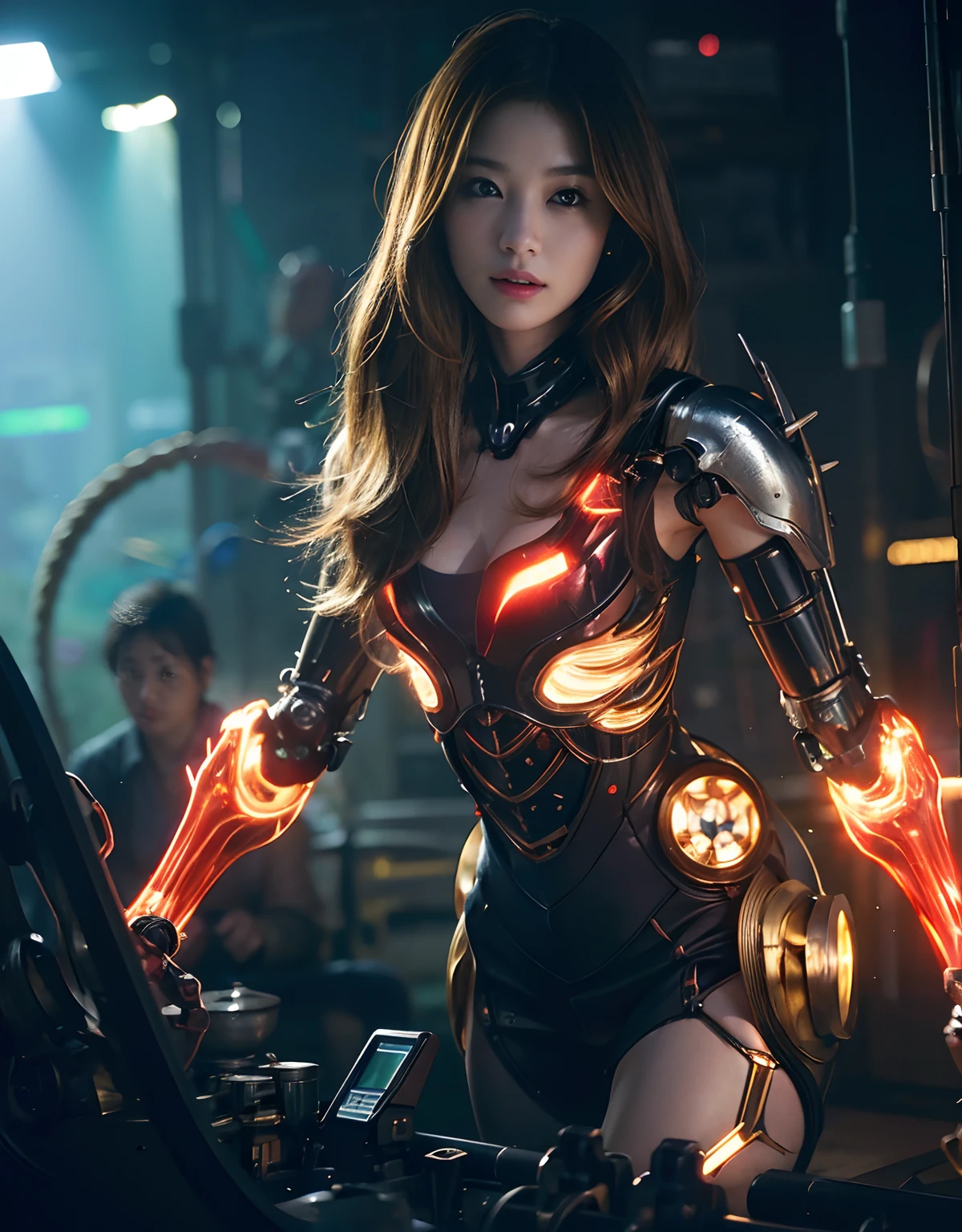 (1 Mechanical Girl)、top-quality、masterpiece、超A high resolution、(Photorealsitic:1.4)、Raw photo、1人、Golden hair、glowy skin、(((1 Mechanical Girl)))、With a beautiful knife、(Gold Metal Bodysuit)、(beautiful forest background)、(Fighting Demonic Beasts)、(Small LED)、((super realistic details))、portlate、globalillumination、Shadow、octan render、8K、ultrasharp、Colossal tits、Raw skin is exposed in cleavage、metals、Details of complex ornaments、Japan details、highly intricate detail、Realistic light、CGSoation Trends、Red Eyes、radiant eyes、Facing the camera、neon details、(Mechanical limbs)、(blood vessels connected to tubes)、Mechanical vertebrae attached to the back、mechanical cervical attaching to neck、(Wires and cables connecting to the head)、Gundam、Small LED、,Mechanical thighs、Toostock、(Hands are also made of machines)、
