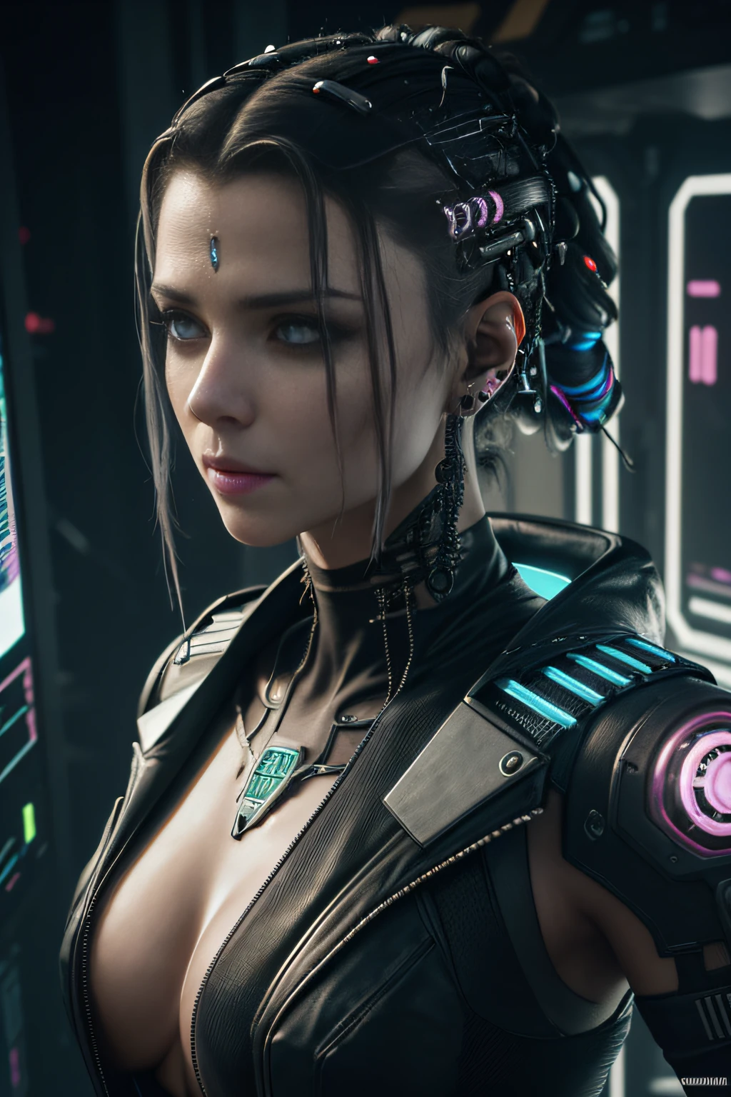 HDR , ((Melhor qualidade)), ((obra-prima)), (altamente detalhado:1.3), 3D, bela (cyberpunk:1.3) hacker mulher com cabelo volumoso grosso , operando um terminal de computador , 8k