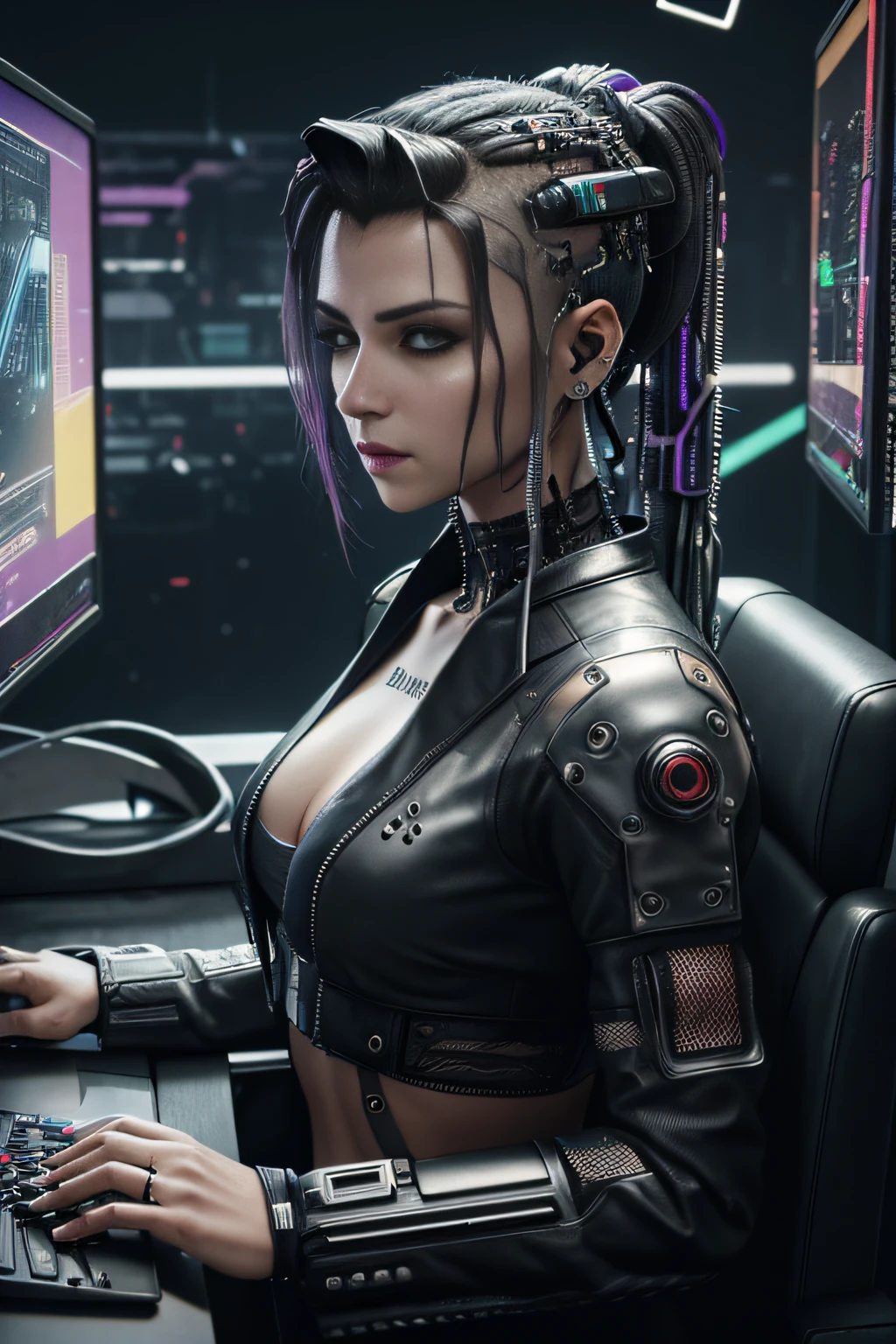 HDR , ((Melhor qualidade)), ((obra-prima)), (altamente detalhado:1.3), 3D, bela (cyberpunk:1.3) hacker mulher com cabelo volumoso grosso , operando um terminal de computador , 8k