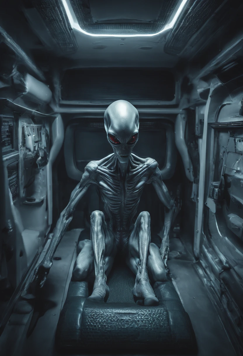 Camera footage of a six-foot-tall gray alien, kidnapping a child sleeping in a room, Realistic, night vision