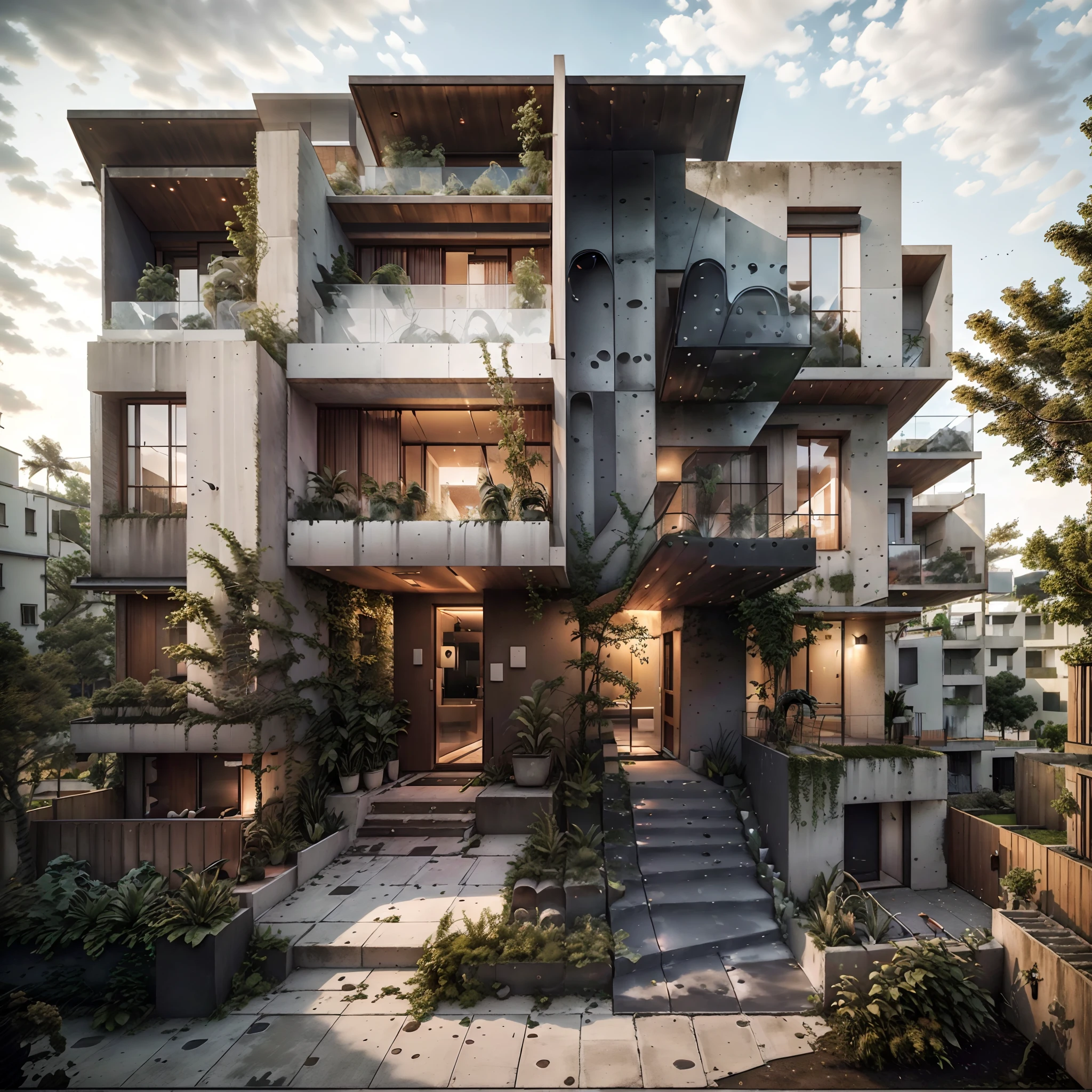 Bauhaus style house, glass and brutalist concrete house with a sloping roof, modern, dynamic (RAW photo, real, best quality, masterpiece:1.2), (hyper realistic, photo-realistic:1.2), high quality, (dark lighting:1.2), dusk, perfect lighting, trending on archdaily