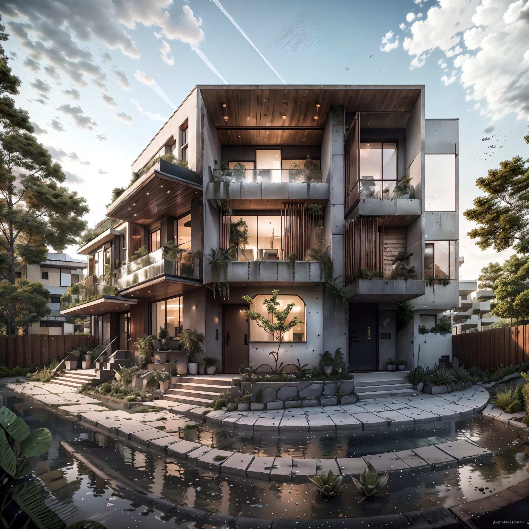 Bauhaus style house, glass and brutalist concrete house with a sloping roof, modern, dynamic (RAW photo, real, best quality, masterpiece:1.2), (hyper realistic, photo-realistic:1.2), high quality, (dark lighting:1.2), dusk, perfect lighting, trending on archdaily
