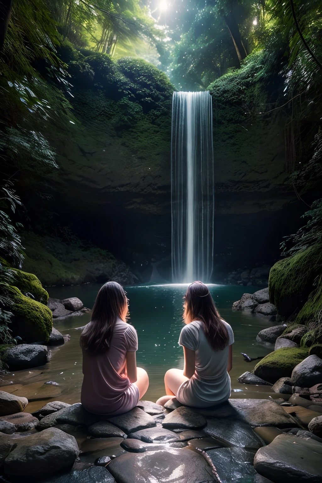 Young women sitting on rocks in a moonlight forest, beautiful waterfall, reflective light, nostalgic light, photorealistic, soft pastel colours, highly detailed, tranquility, intricate, path tracing, illustration, insanely detailed, shadow mapping volumetric light, specular lighting