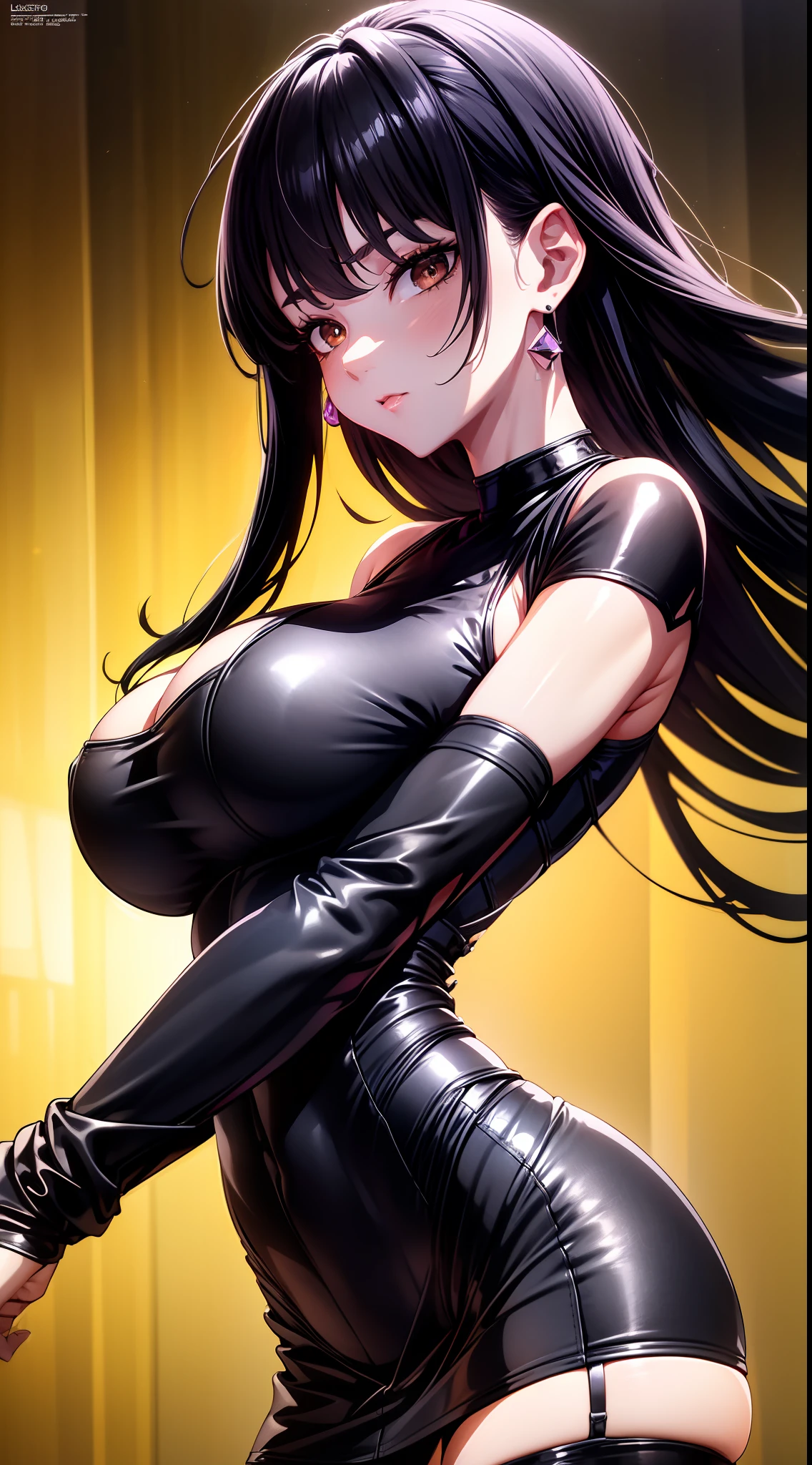 8k, highres, ultra detailed, (masterpiece:1.4), best quality, symmetrical body, (black tight short leather dress:1.4), choker, cute, solo, earrings, long hair, dark purple hair, brown eyes, glow effect, finely eye, detailed face, looking at viewer, seductive face, in the club, angled view, big breasts, seductive look, perfect fingers
