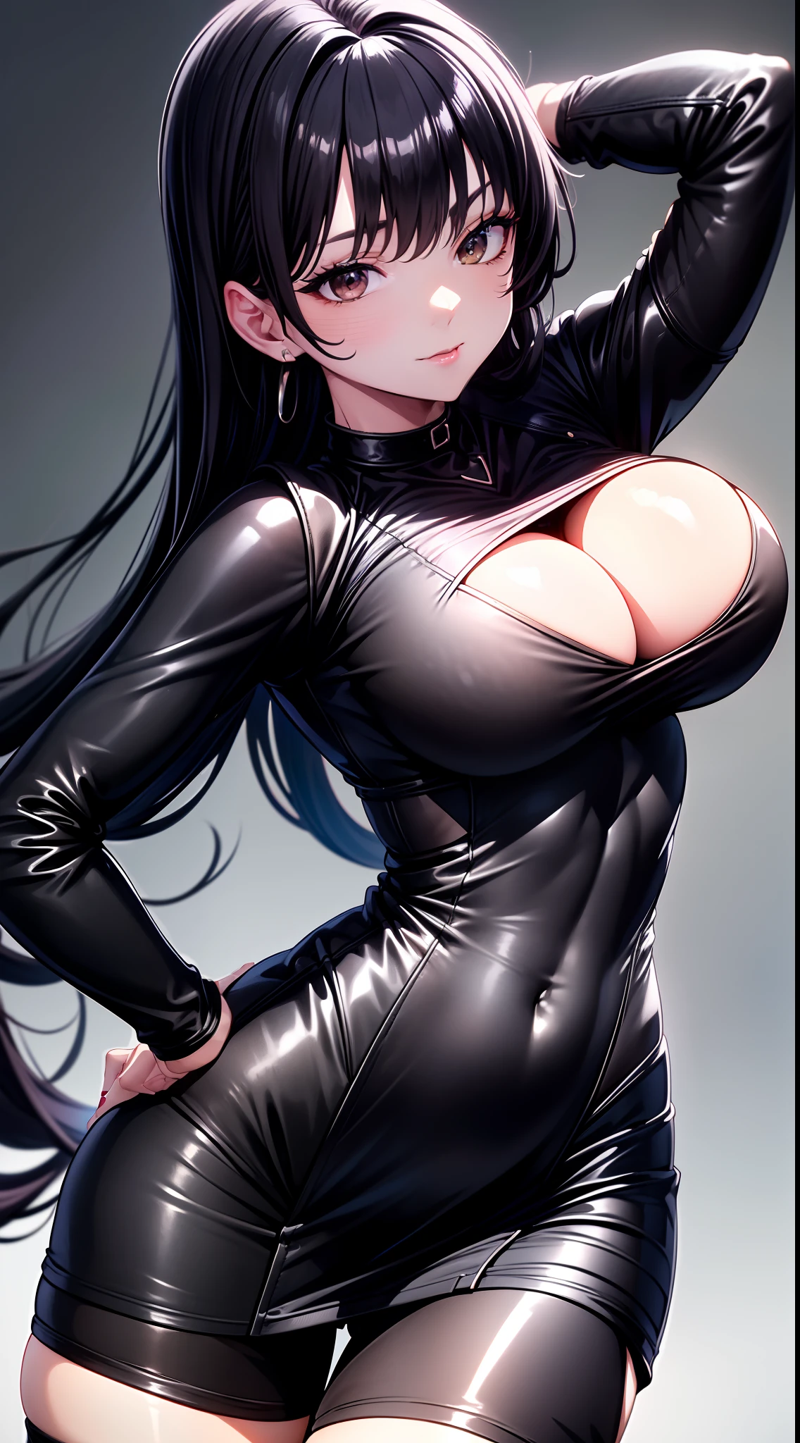 8k, highres, ultra detailed, (masterpiece:1.4), best quality, symmetrical body, (black tight short leather dress:1.4), choker, cute, solo, earrings, long hair, dark purple hair, brown eyes, glow effect, finely eye, detailed face, looking at viewer, seductive face, in the club, angled view, big breasts, seductive look, perfect fingers