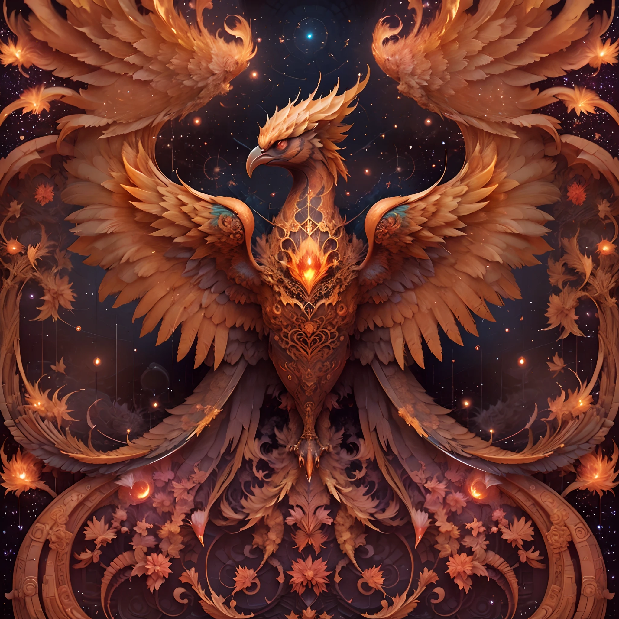 (Phoenix fiery bird) Around the cosmos, symmetry, style of: ghotic, a closeup of a ........3d