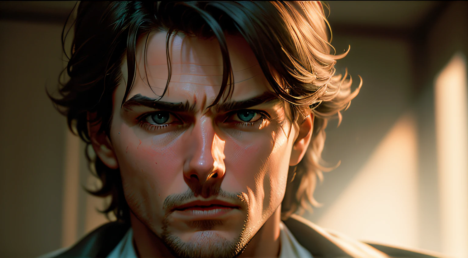 Close-up Shot, Tom Cruise from the film Eyes Wide Shut, Intense Gaze with Anger, Cinematic, Kubrick's Masterpiece, EE 70mm Lens, Front View, High-Resolution, Dramatic Lighting with Shadows.