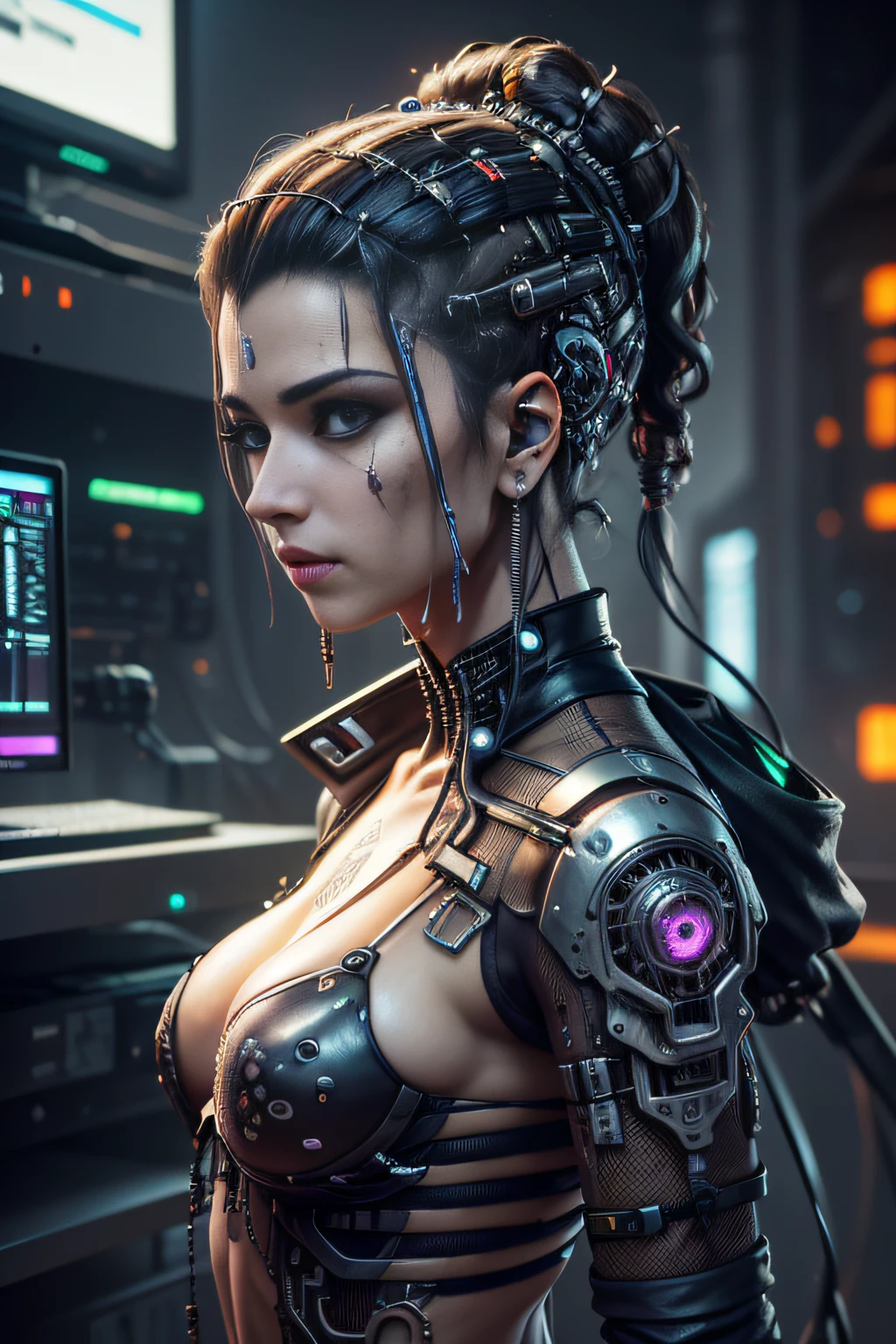 HDR , ((Melhor qualidade)), ((obra-prima)), (altamente detalhado:1.3), 3D, bela (cyberpunk:1.3) hacker mulher com cabelo volumoso grosso , operando um terminal de computador , 8k