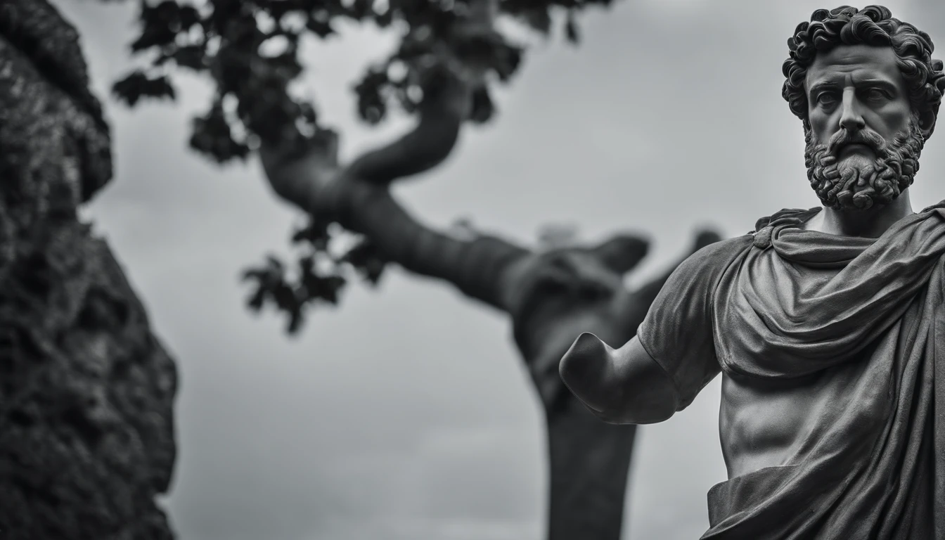 a portrait statue of the stoic Marcus Aurelius in black and white 4K,Face de lado, papel de parede super realista