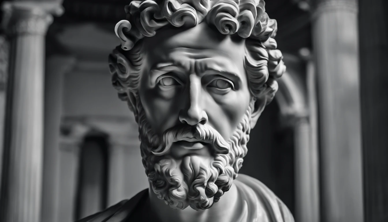 a portrait statue of the stoic Marcus Aurelius in black and white 4K,Face de lado, papel de parede super realista