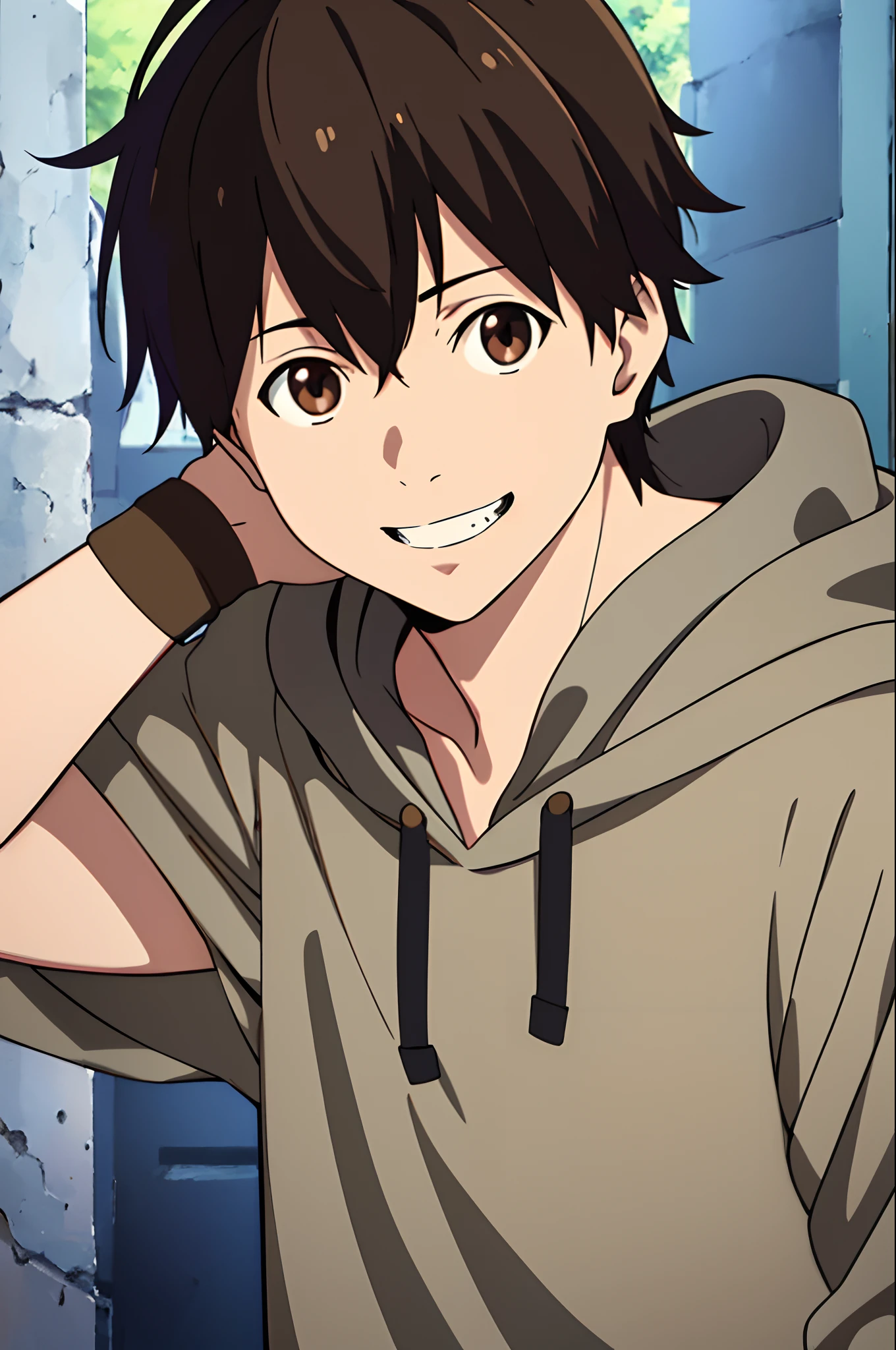 masutepiece, Best Quality, High quality, 1boy, Solo, The best smile、Male Focus, Looking at Viewer, Upper body, Haruhiro, Black hair, Brown eyes, Realistic, Hoodie